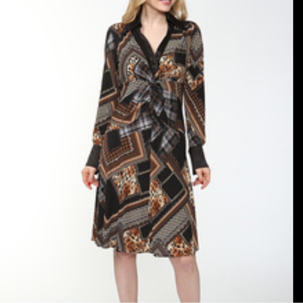 Frank Lyman Long Sleeve Art Deco Collared Embellished Patchwork Midi Dress